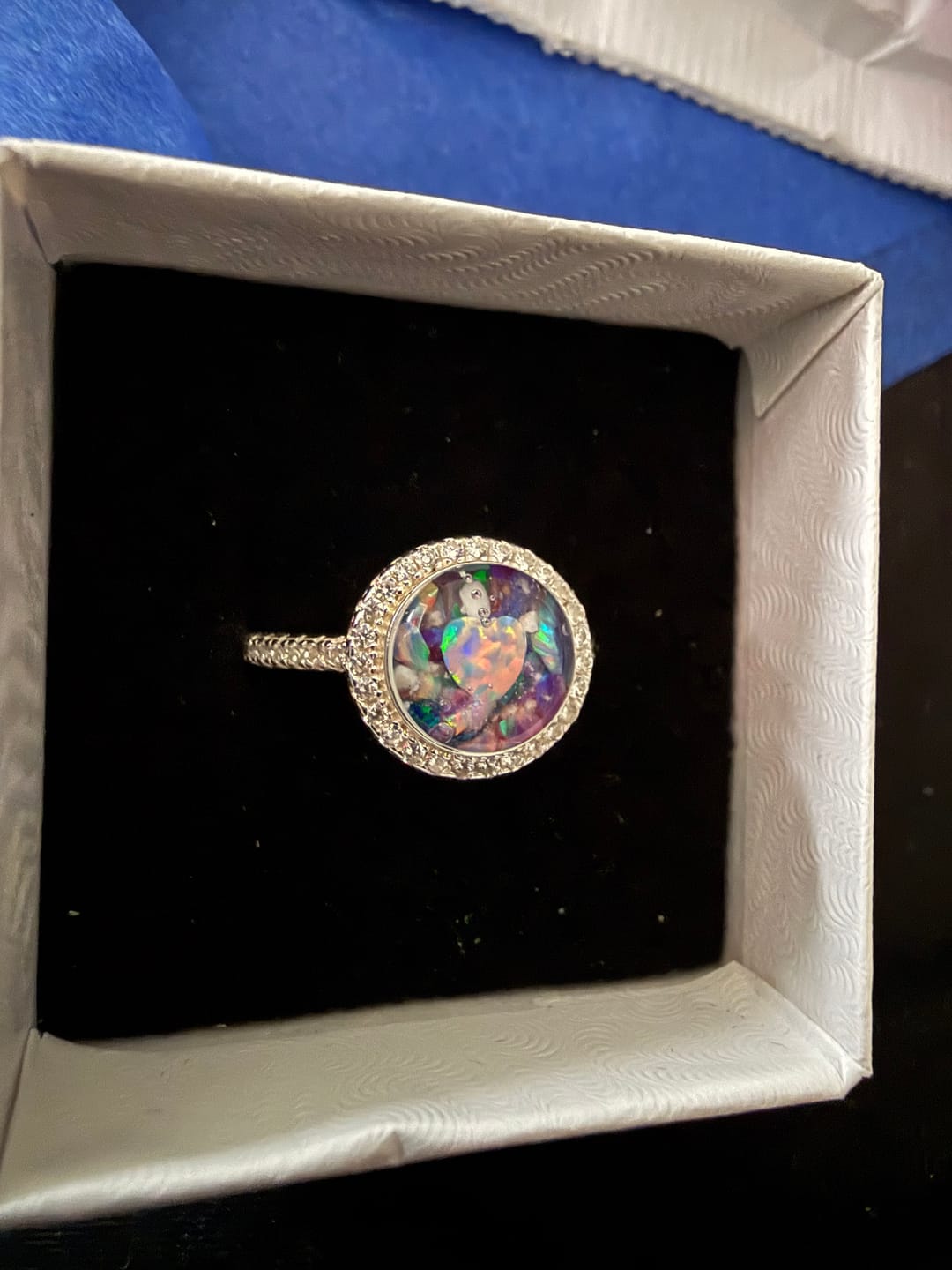 Customer photo review of Bedazzled Circle with Heart Opal Cremation Ring