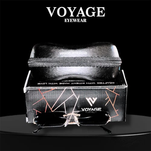 Customer's black rimless Underdog sunglasses displayed with the branded box and zippered case.