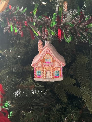 Customer photo review of Frosted Pink Cottage Glass Christmas Ornament, Sugar Sweet Gingerbread Home Holiday Tree Decoration