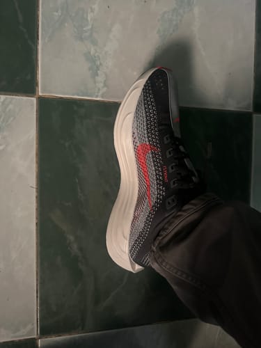 Customer wearing a black Nike Pegasus Plus shoe with a crimson swoosh, seen from above on a tiled floor.