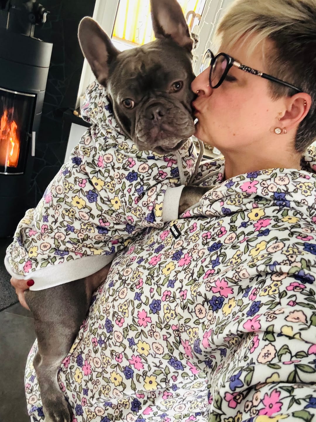 Customer photo review of Vintage Flower Dog Hoodie - Light Grey
