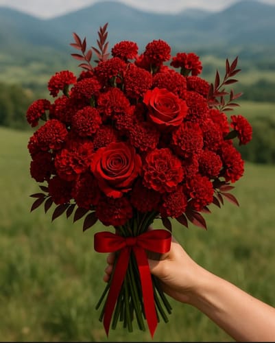 Customer's review image for the Top Choice Strainer, which is not pictured, showing a bouquet of red flowers.