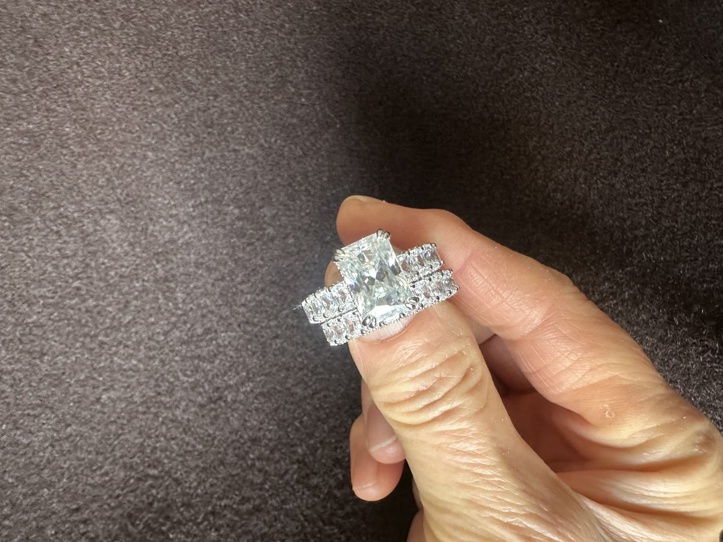 Customer photo review of Glistening-hued Radiant Cut 5.0ct Pave 925 Sterling Silver Wedding Ring Set