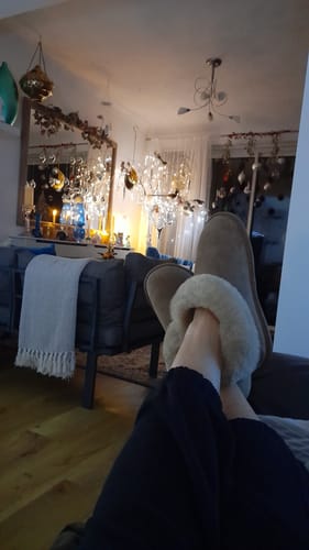 Customer photo review of Wotton Sheepskin Bootsie Slippers Chocolate