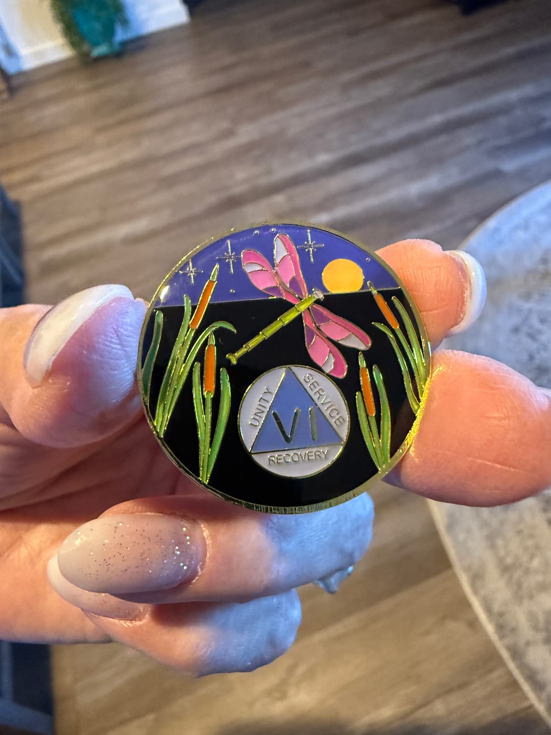 Customer photo review of 1 to 60 Year Dragonfly 9th Step Specialty AA Recovery Medallion - Tri-Plated Chip/Coin