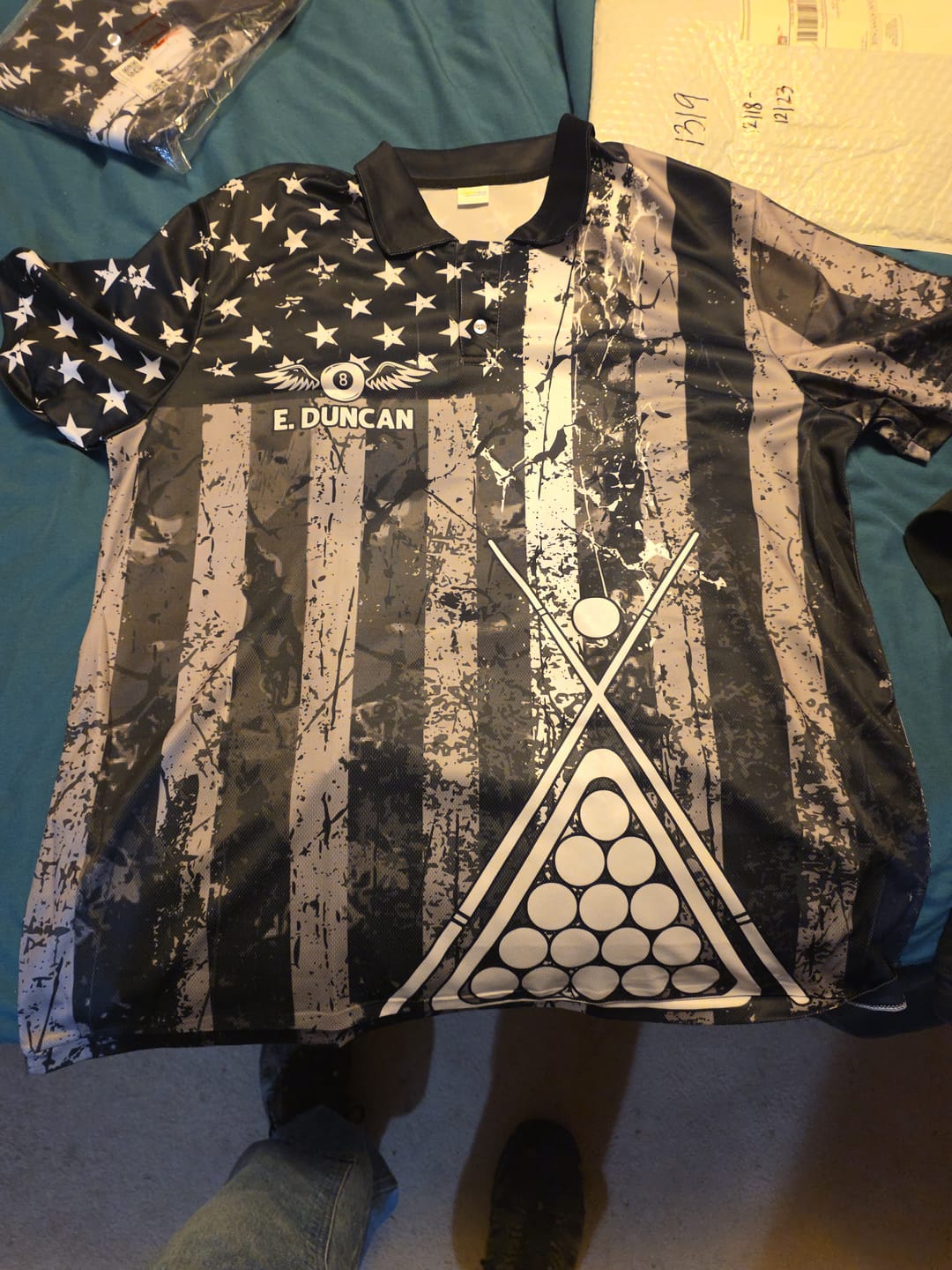 Customer photo review of Custom Black Grunge US Flag Patriotic Billiard Shirt For Men Retro 8 Ball Pool Billiard Team Jersey TDM2935