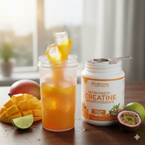 Customer's Wellcore Creatine Monohydrate tub next to a shaker of the Tropical Tango drink being prepared with ice and fruit.
