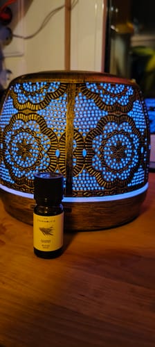 Recensent toont het flesje Cajeput etherische olie voor een decoratieve, verlichte aromadiffuser.