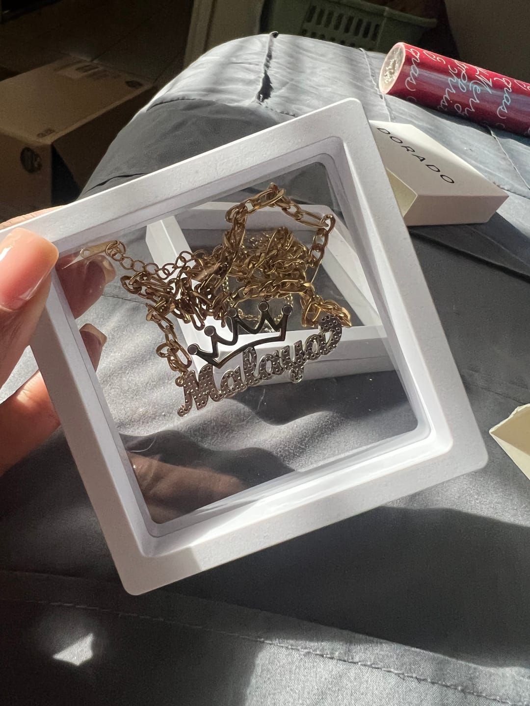 Customer photo review of Kids Double Plated Crown Name Necklace w/ Figaro Chain