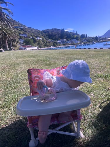 Reviewer's baby sits in the pink Amy baby chair v2 on a grassy field near the water.