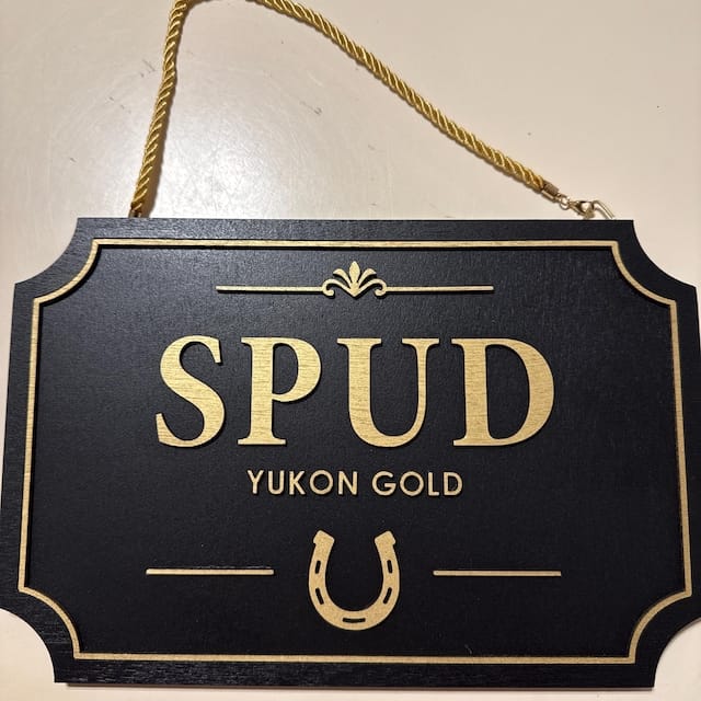 Customer photo review of Personalized Horse Stall Sign – Gold on Black Layered Wood Plaque