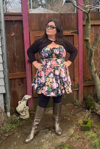 Customer photo review of Cottage Corset Dress in Vintage Garden Floral Print in Black MINI - Vixen by Micheline Pitt