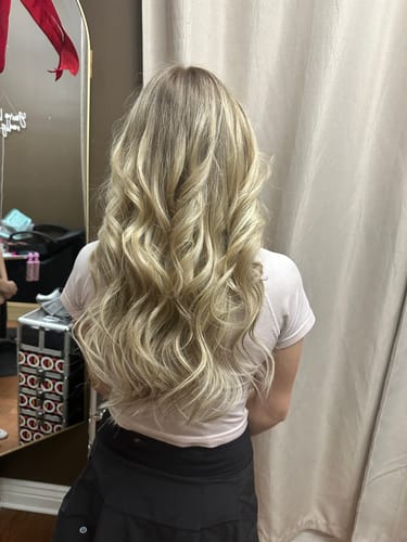 Customer photo review of Virgin XO Invisible Weft with PU Hole Hair Extensions Balayage Blonde #8/8/613