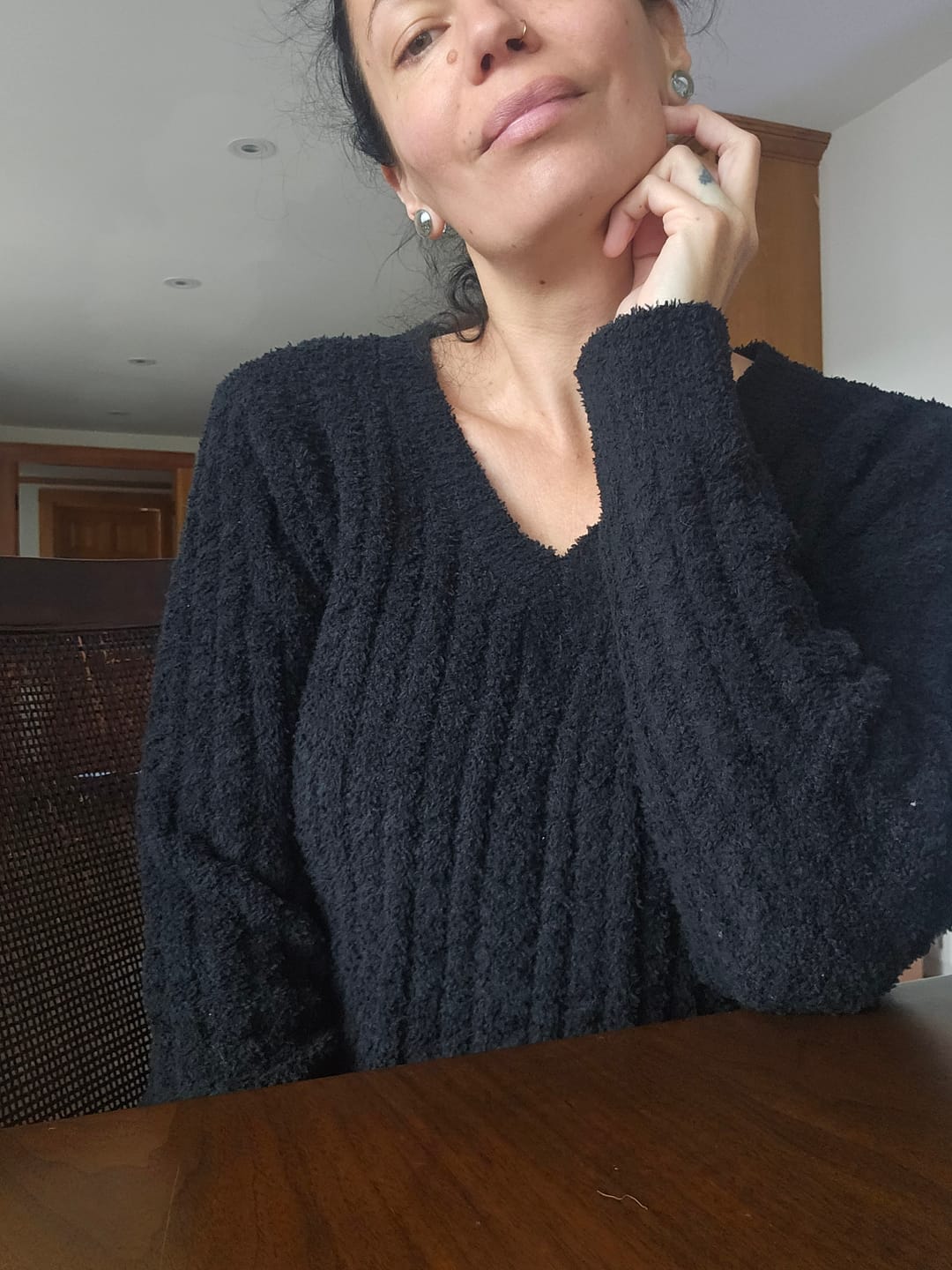 Customer photo review of SOFT CLOUD RIBBED V NECK PULLOVER SWEATER