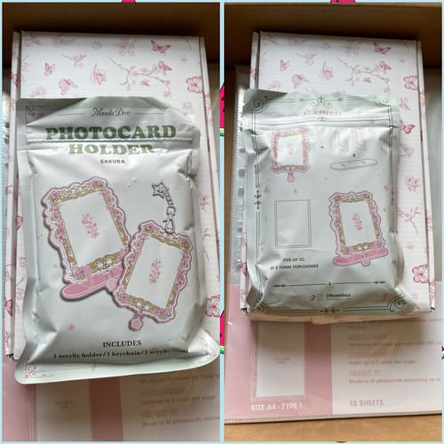 Reviewer showing the front and back of the CHERRY BLOSSOM ACRYLIC PHOTOCARD HOLDER packaging in a shipping box.