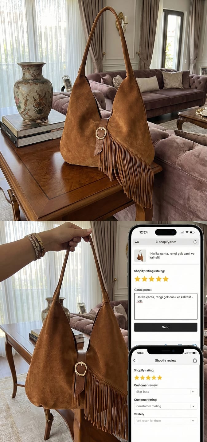 Customer photo review of Aria Fringe | Yavrulu Püsküllü Süet Çanta