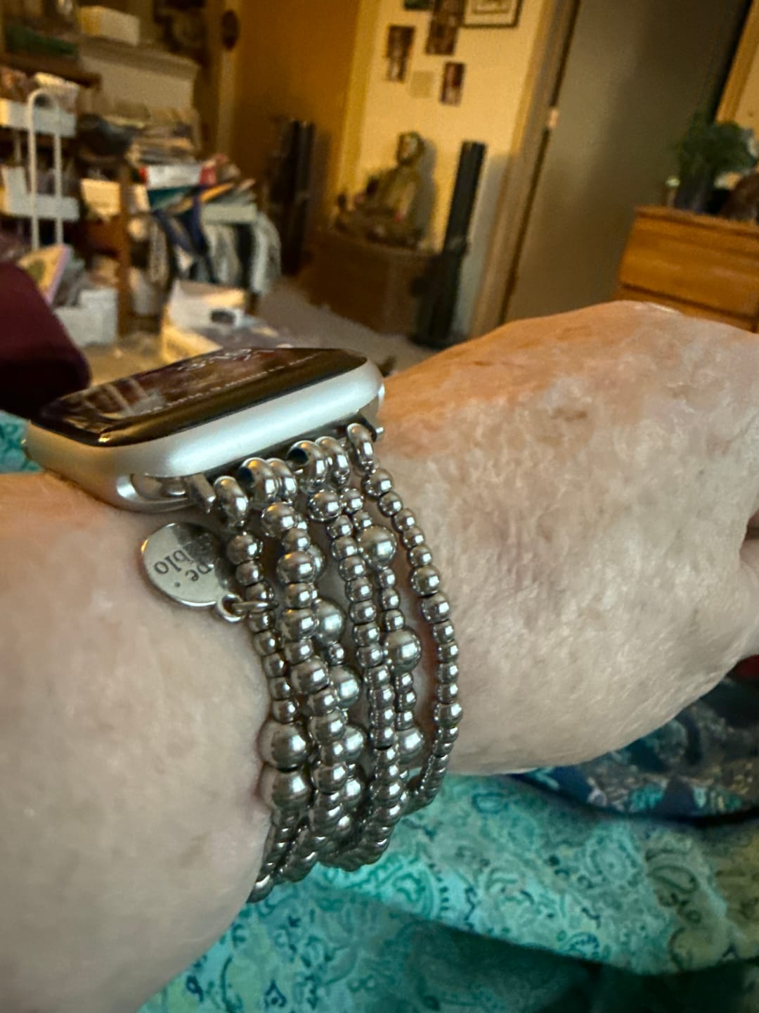 Customer photo review of Platinum Demure Stretch Apple Watch Strap