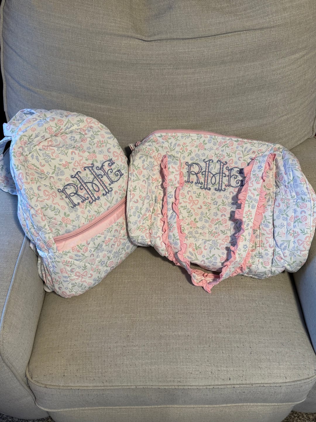 Customer photo review of PASTEL FLORAL & BOWS QUILTED DUFFEL