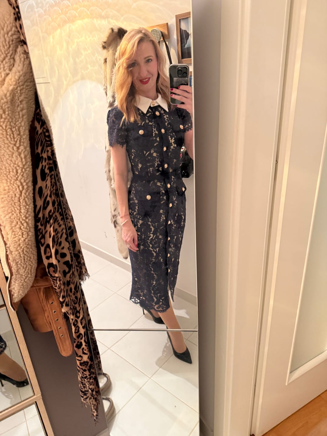 Customer photo review of Floral Lace Midi Dress with Tailored Collar and Belted Waist - Navy