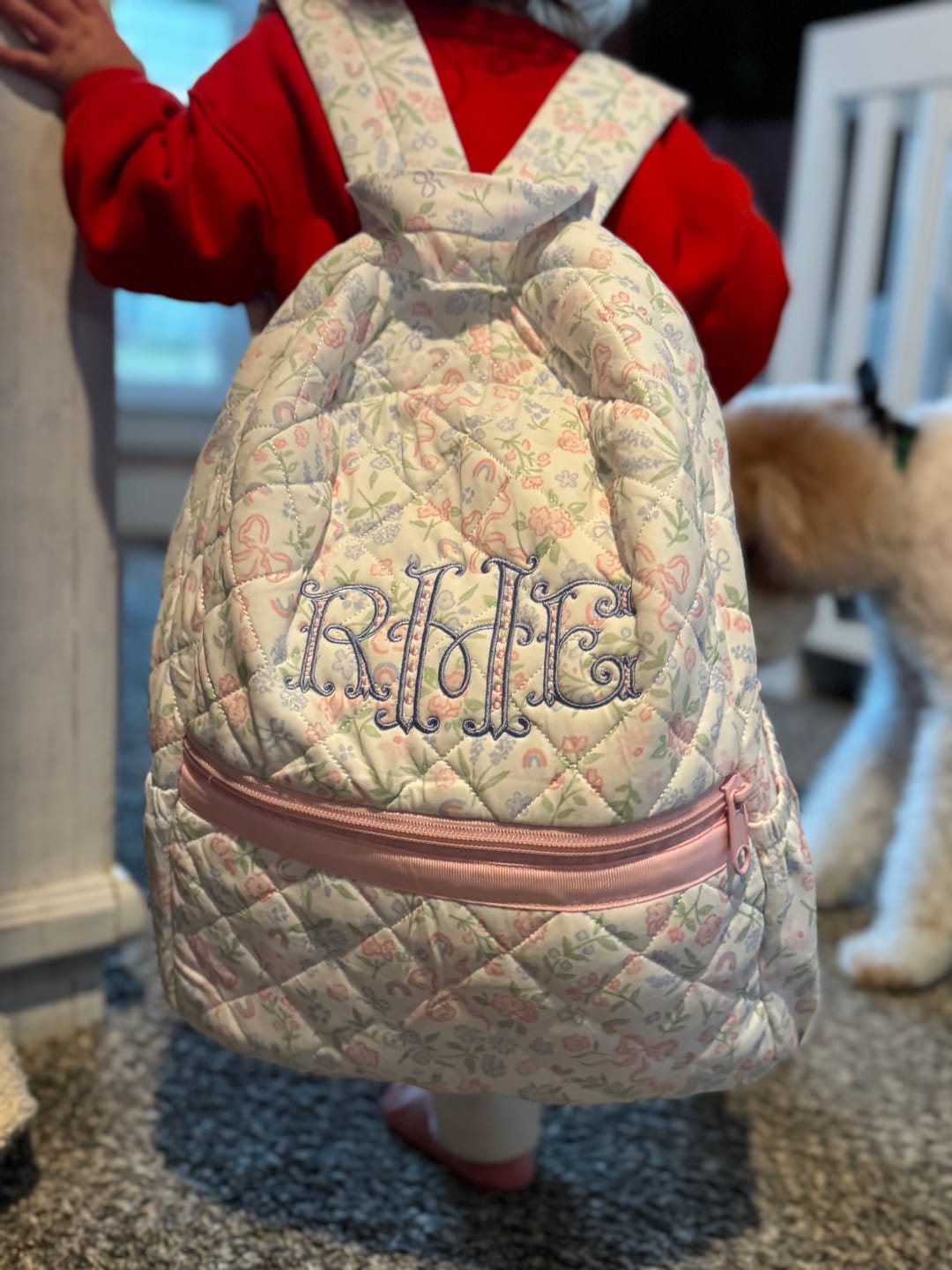 Customer photo review of PASTEL FLORAL & BOWS QUILTED BACKPACK
