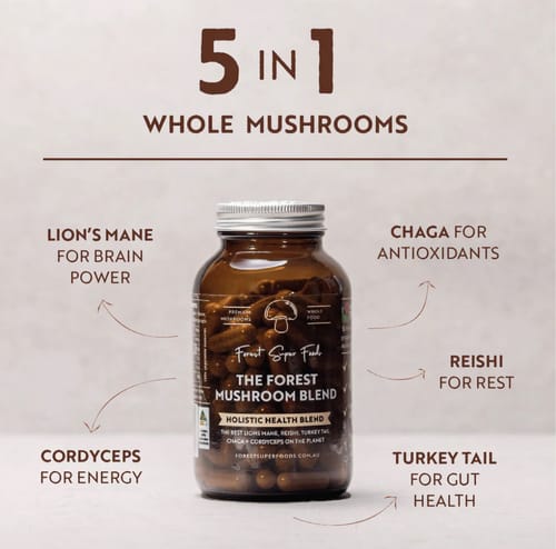 Reviewer's image of The Forest Mushroom Blend Capsules bottle, with text explaining the 5-in-1 mushroom health benefits.