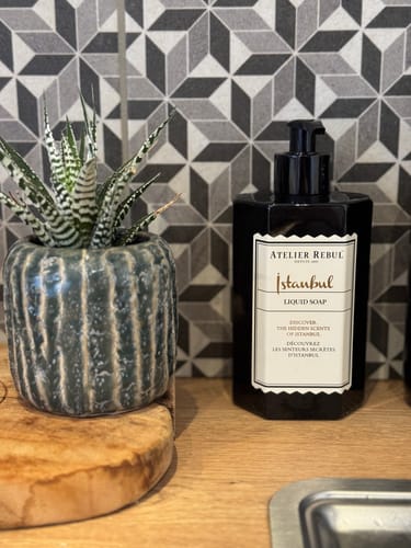 Recensent's Istanbul Handzeep staat op een houten aanrecht naast een plant.