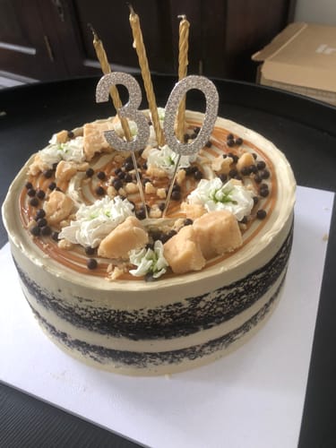 Customer photo review of chocolate caramel cake