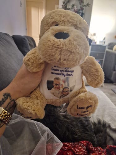 Customer photo review of A Cuddle from Heaven Personalised Photo Teddy Bear