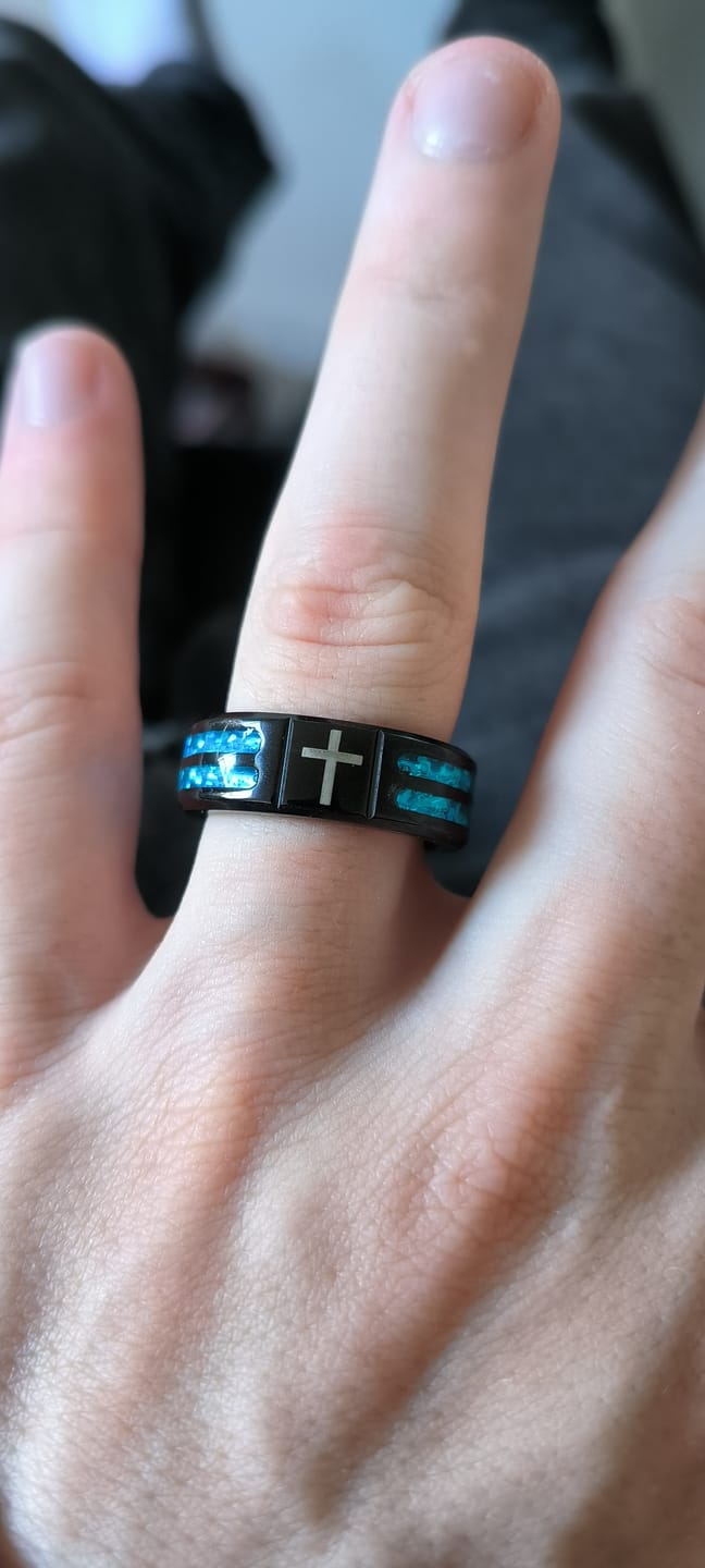 Customer photo review of FREE Today: Modern Titanium Steel Cross Ring with Laser Blue Inlay: Serenity in Christ's Blue Light