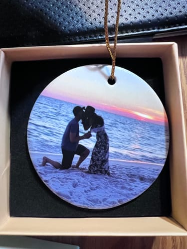 Customer photo review of Engagement Ornament - Custom Map & Photo Gift Ceramic Ornament