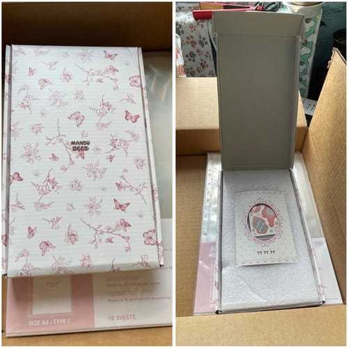 Customer's packaging for the photocard holder, showing the decorative box closed and then opened.