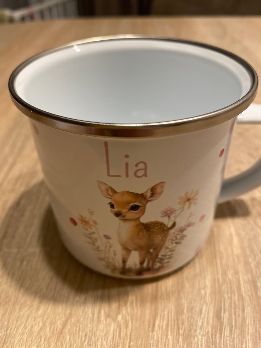 Customer photo review of Emaille Tasse personalisiert - Reh mit Blumenkranz