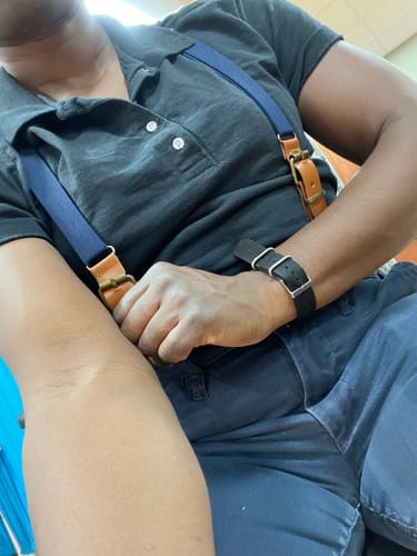 Customer photo review of Navy Buckle Suspenders with Brass Clips- in Navy Blue