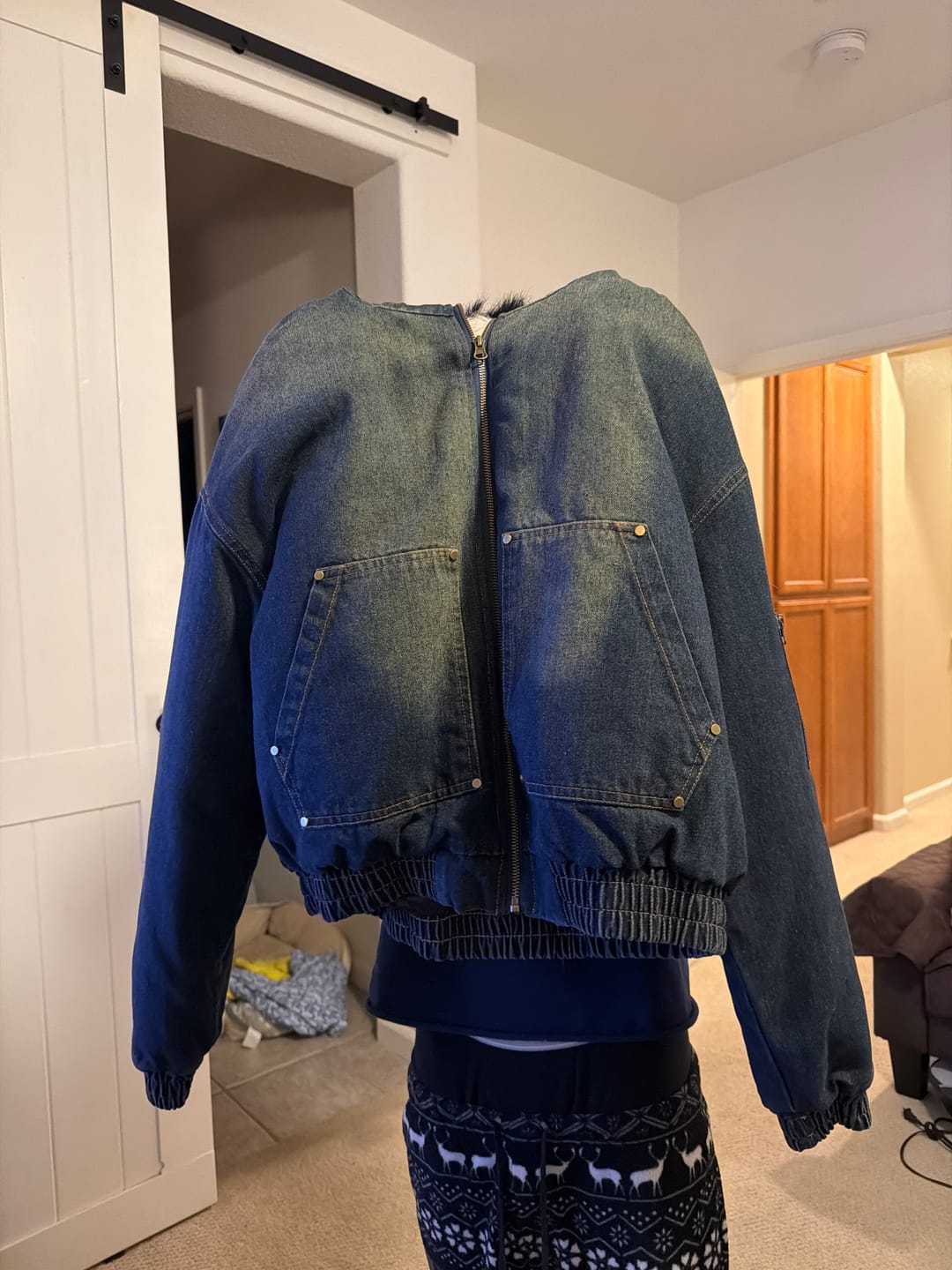 Customer photo review of Faux Fur Lined Acid Wash Bomber Jacket | Inflation Streetwear