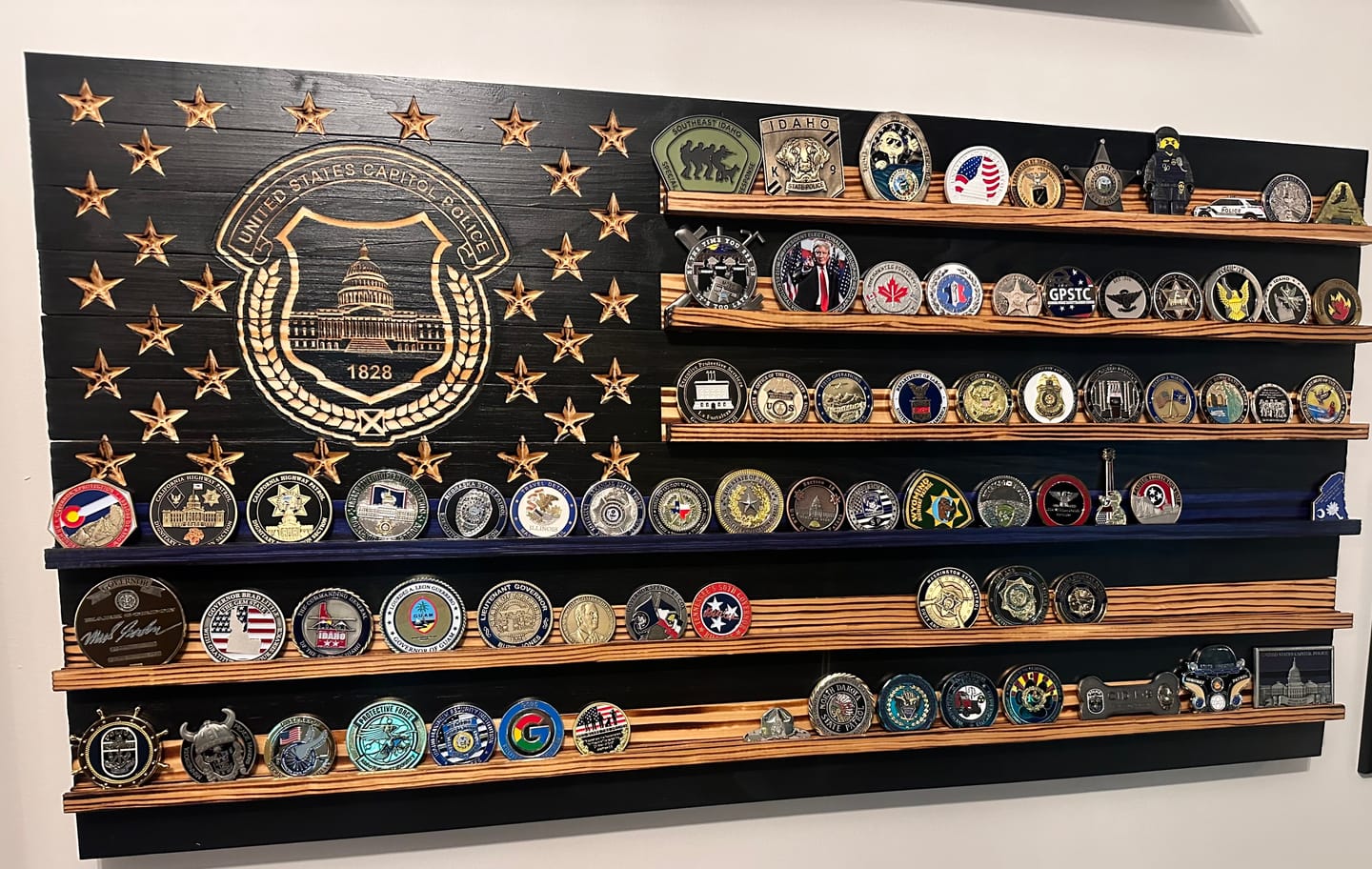 Customer photo review of Challenge Coin Display Rack Holder - Rustic American Flag