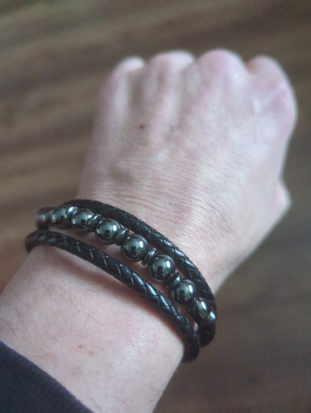 Customer photo review of Buddha Stones Tiger Eye Lava Rock Hematite Black Onyx Bead Positive Leather Bracelet
