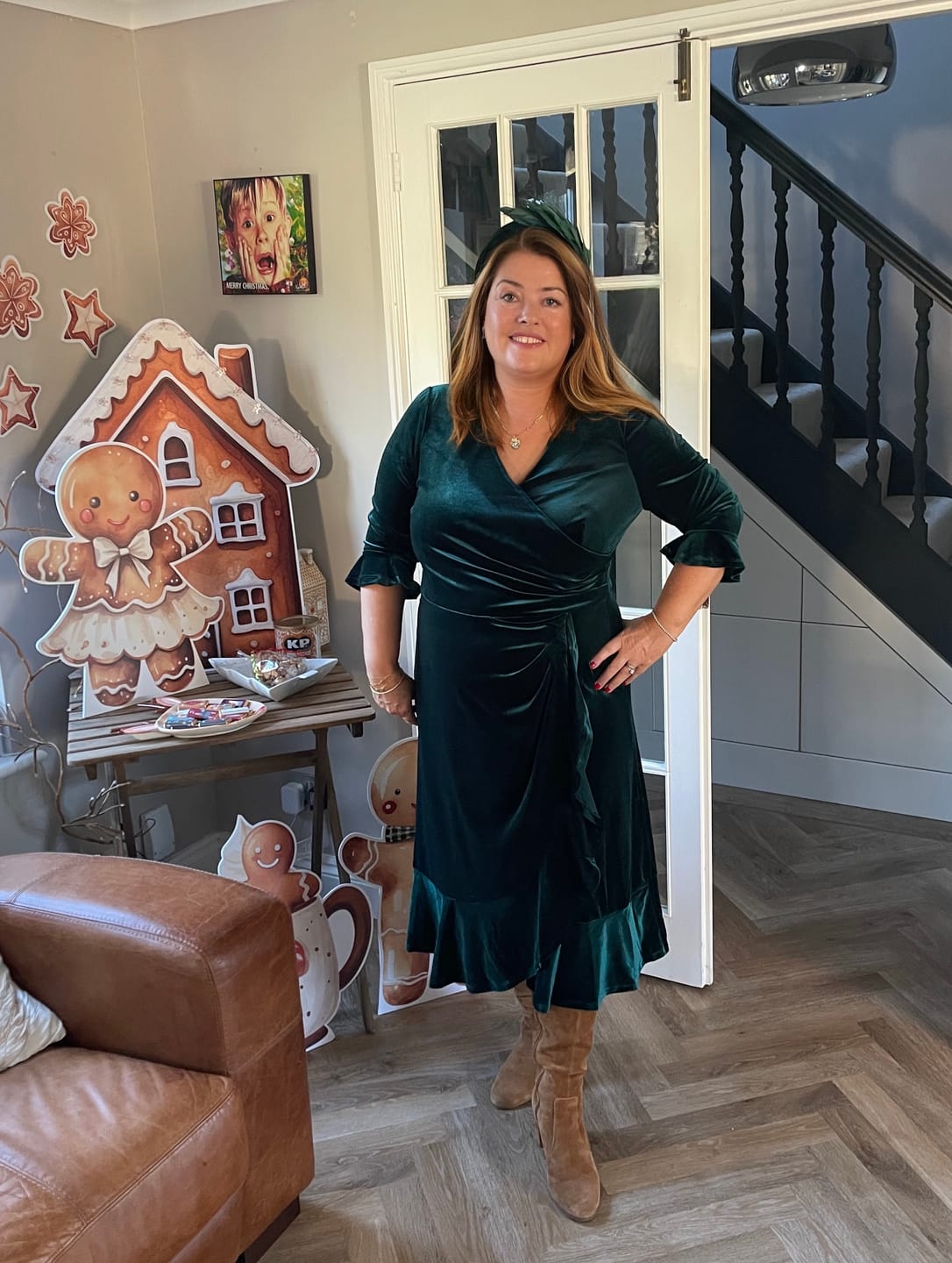 Customer photo review of 'Colette' Luxe Velvet Ruffle Petite Length Dress in Dark Green