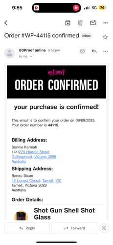 Customer's screenshot showing an online order confirmation email.