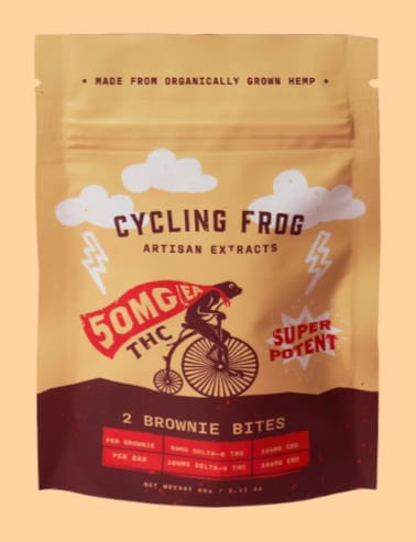 Reviewer's packaging for Chocolate Brownie Bites, showing a tan pouch with the Cycling Frog brand and 50mg THC potency.