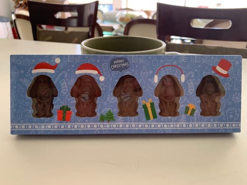 Foto de cliente de la caja de chocolates Perritos con temática navideña sobre una mesa.