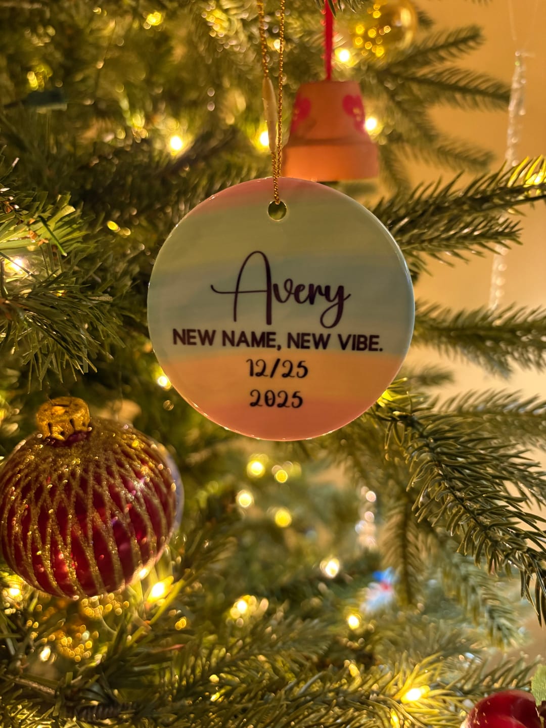 Customer photo review of New Name For Trans Friend, Custom Ceramic Ornament: New Name, New Vibe