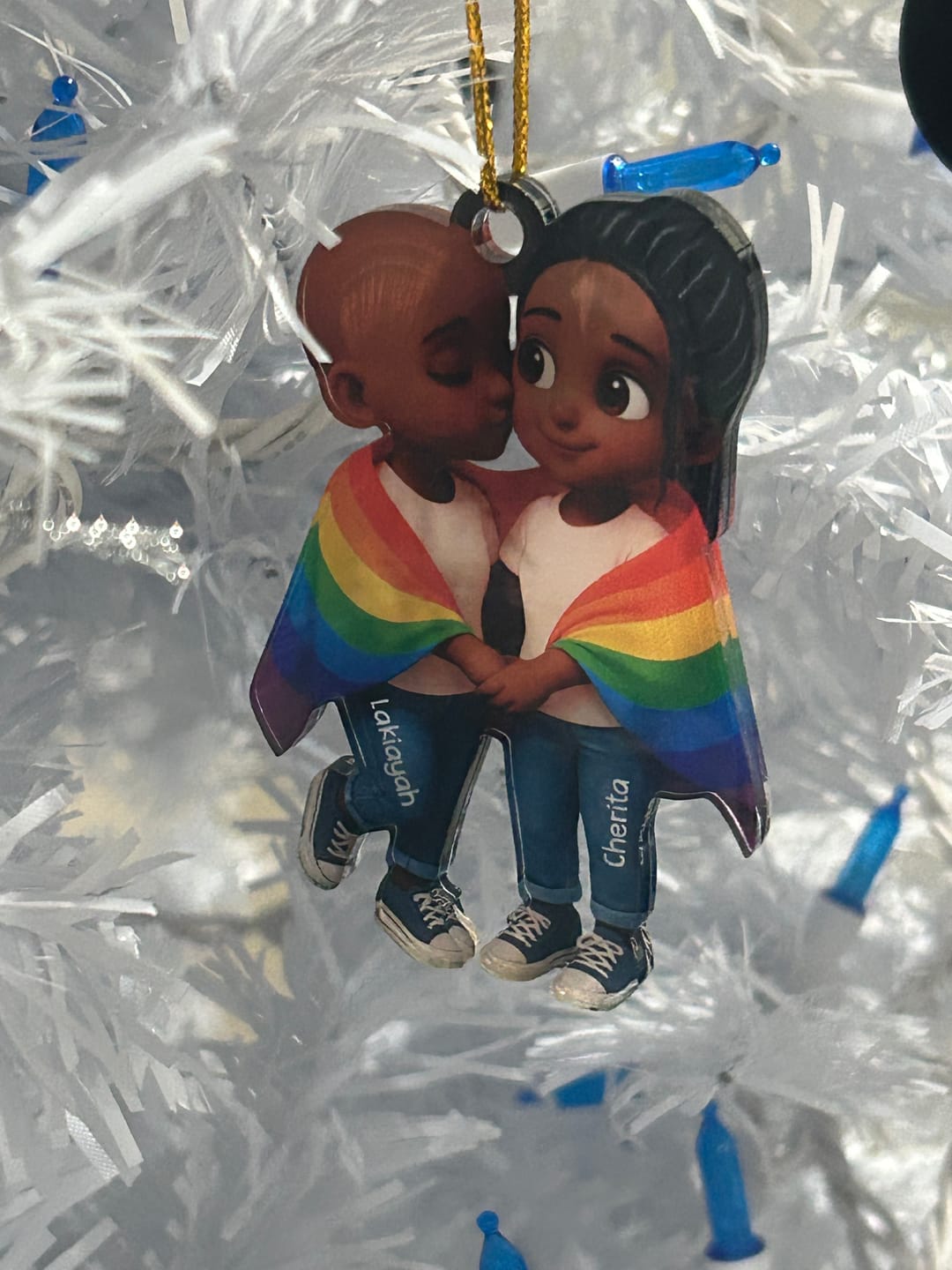 Customer photo review of Pride Month LGBT Couple Love Is Love Personalized Acrylic Christmas Ornament