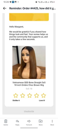 Customer photo review of Vietnamese SDD Bone Straight 5x5 18 inch Ombre Choc Brown Wig