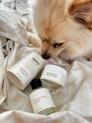 Customer's Dare Me Twice perfume bottle and box on a bed, with a fluffy dog sniffing the products.