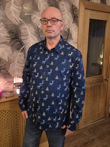 Customer photo review of Men's Christmas Tree Elk Print Breathable Navy Blue Long Sleeve Shirt
