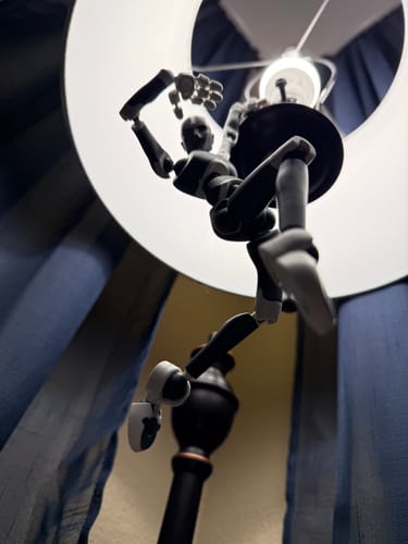 Customer's Dark Frost Stickybones figure in a dynamic pose hanging from a lampshade.