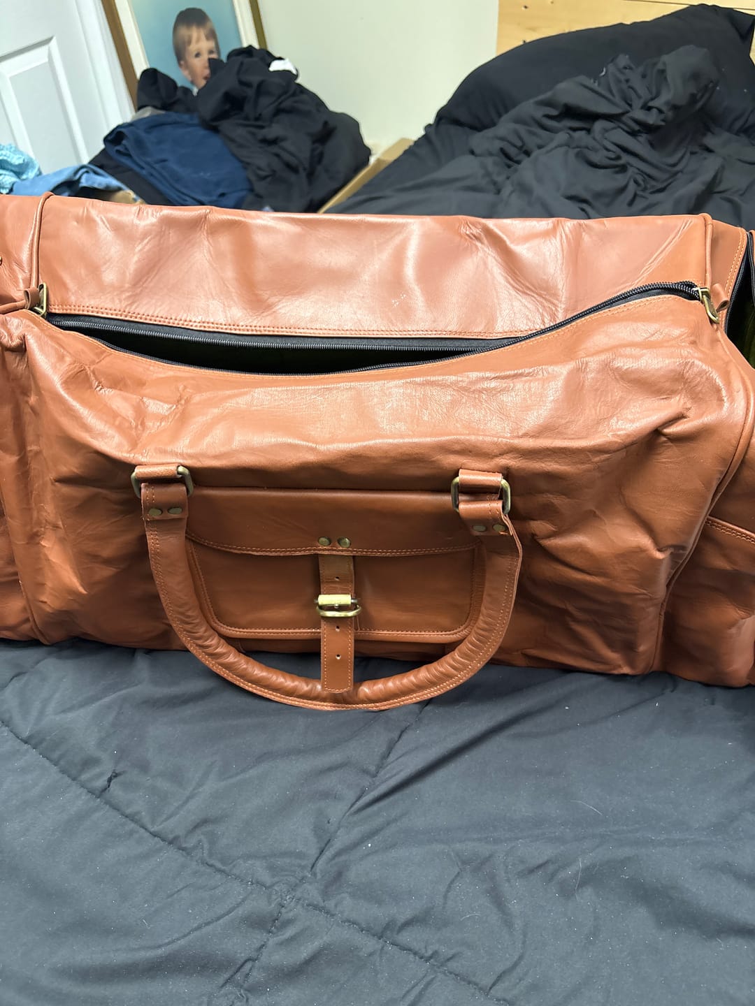 Customer photo review of Square Overnight Leather Duffel Bag