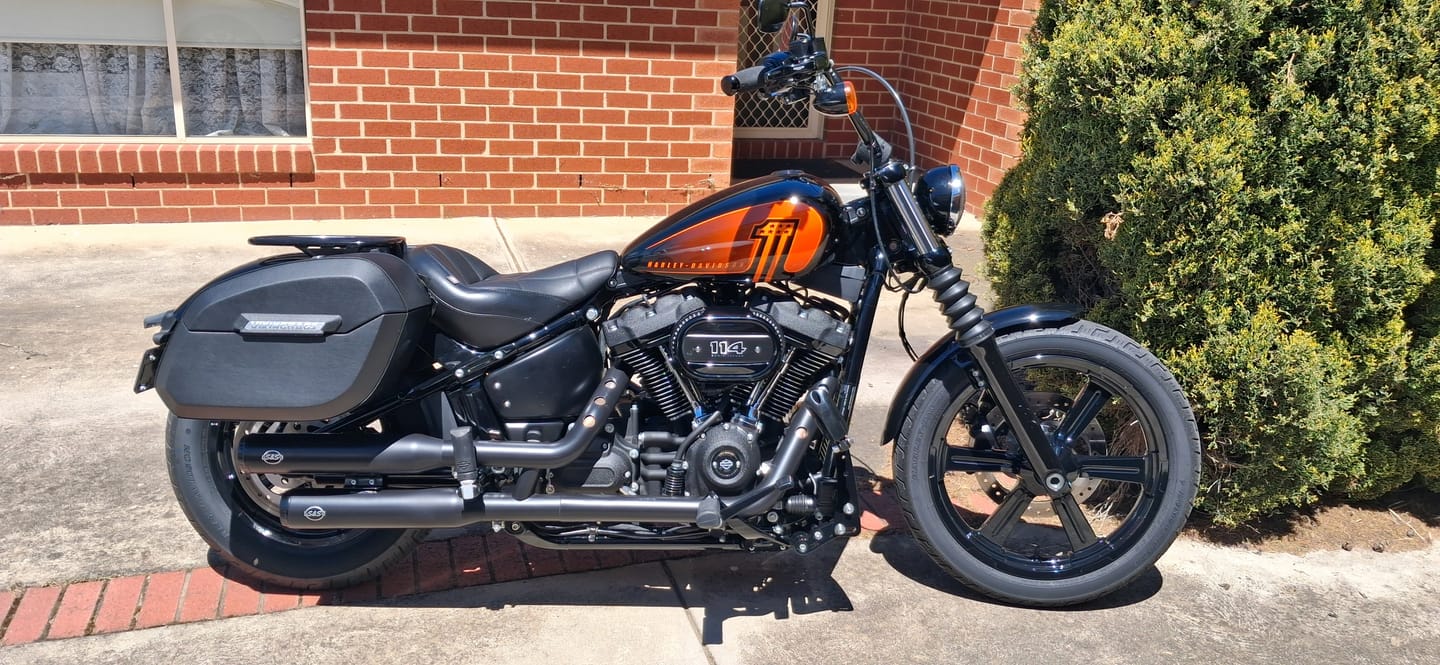 Customer photo review of 32L - Darkin Large Quick Mount Leather Wrapped Hard Saddlebags for Harley Softail Street Bob FXBB