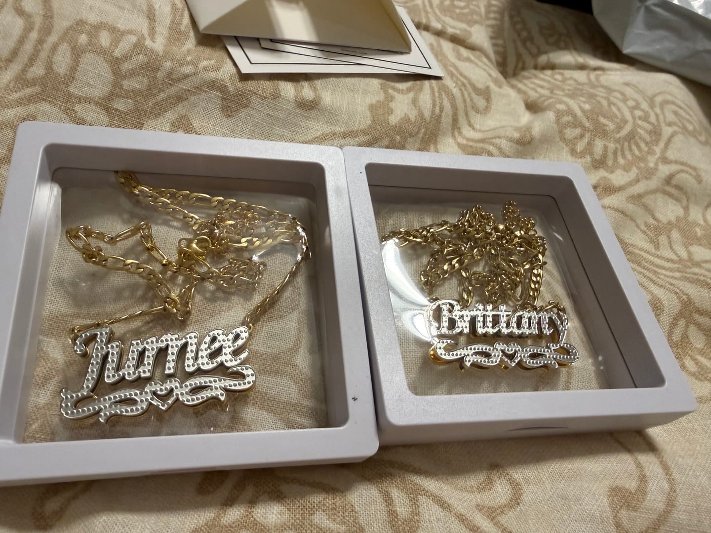 Customer photo review of Double Plated Heart Title Name Necklace w/ Figaro Chain