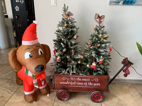 Reseñador exhibe el perrito inflable navideño dentro de su casa junto a otros adornos.